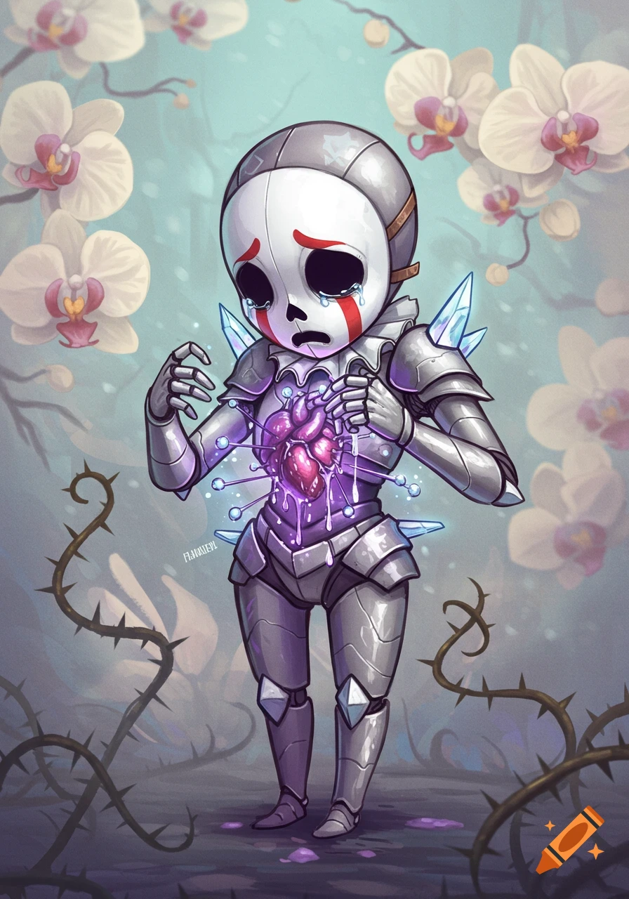 A stylized, sad, masked robotic figure with a glowing purple heart pierced by pins and dripping liquid, surrounded by thorny vines and white orchids.