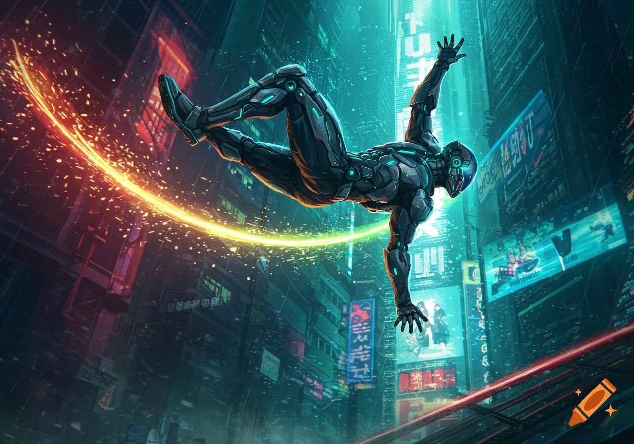 A futuristic armored figure with glowing blue accents performs a dynamic move with a light trail in a vibrant, neon-lit cyberpunk city.
