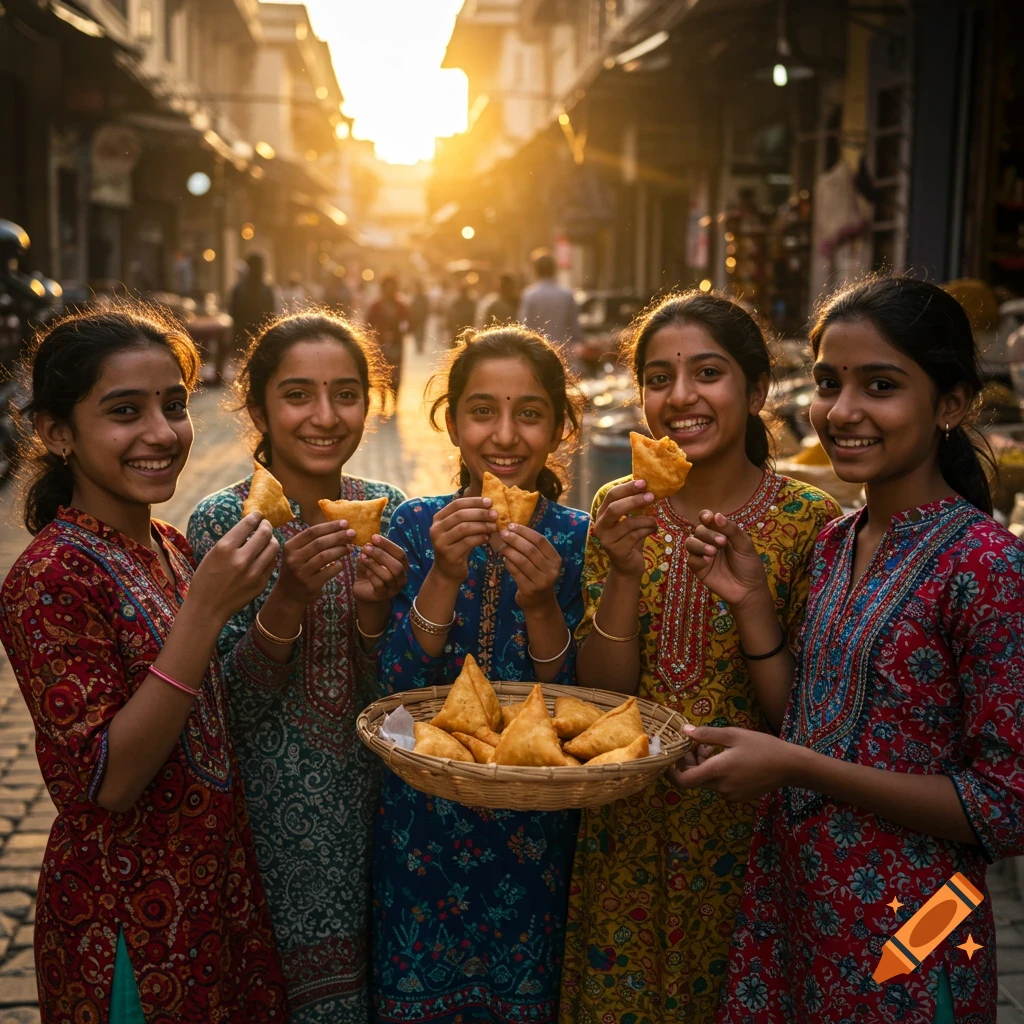 Photorealistic image of five smiling girls eating samosas on a sunny street with market stalls in the background.
