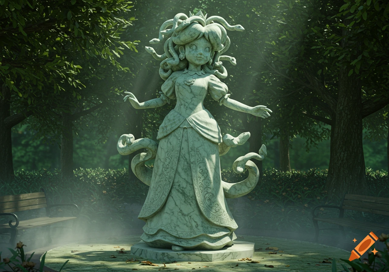 A marble statue of Princess Daisy as Medusa with snakes for hair stands in a sunny park.