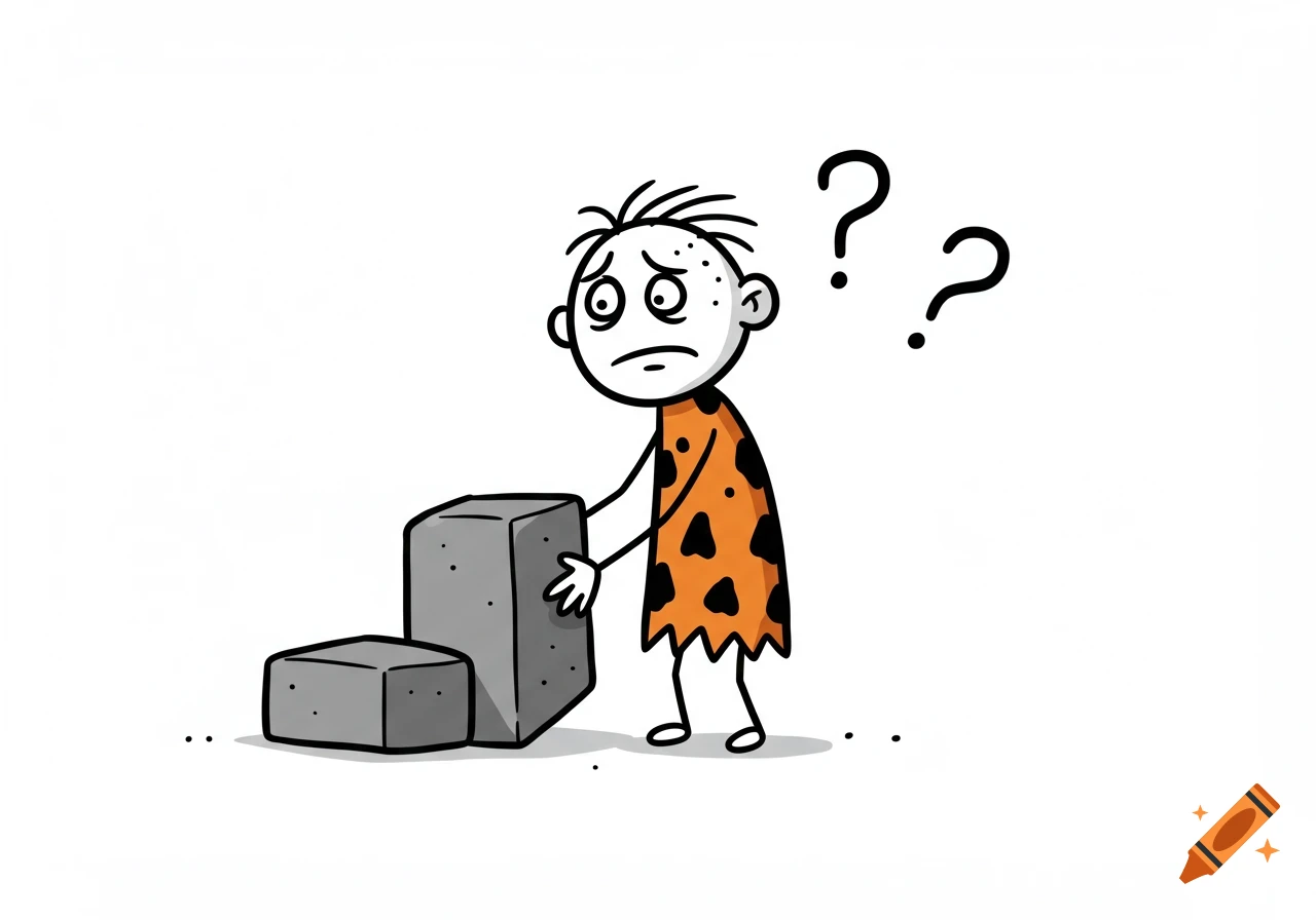 A simple cartoon drawing of a confused caveman in an animal print loincloth trying to invent the wheel with two square stone blocks. Two question marks float above his head.