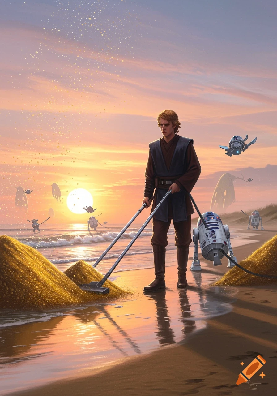 Anakin Skywalker vacuums sparkling golden sand on a sunset beach, with R2-D2 and other droids nearby in a whimsical Star Wars scene.