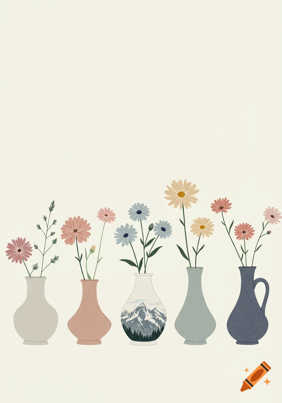 A minimalist illustration of five stylized flower vases in pastel colors, each holding different types of flowers, with one vase featuring a mountain design.
