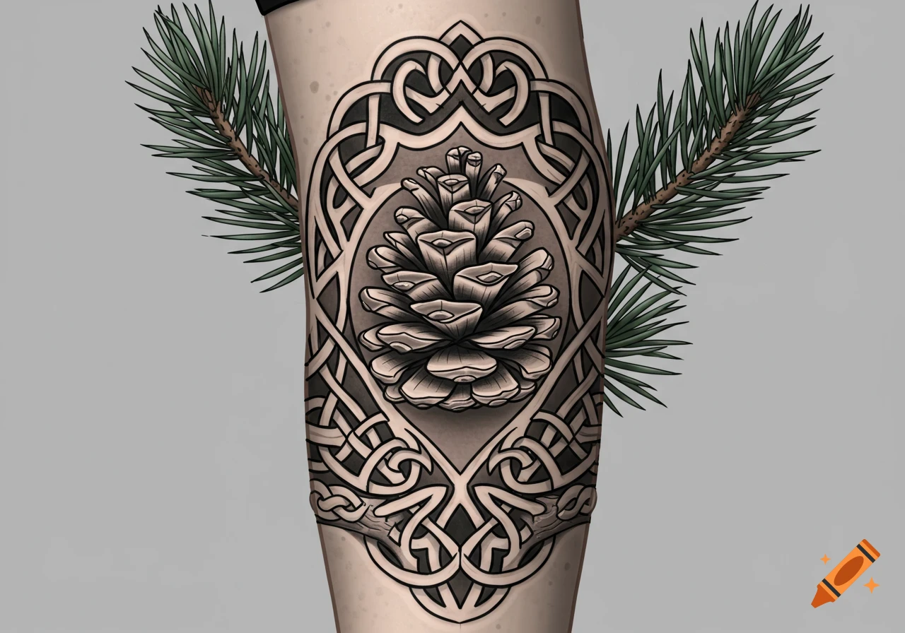 A detailed tattoo design of a pinecone encased in intricate Celtic knotwork, with pine branches emerging from the sides, on an arm.
