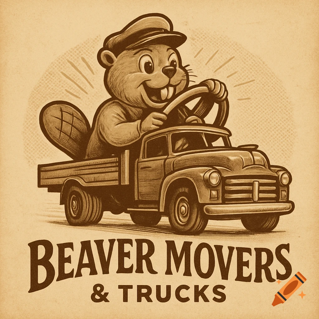 Vintage sepia logo of a happy cartoon beaver wearing a cap, driving an old-fashioned truck, with text 'BEAVER MOVERS & TRUCKS'.
