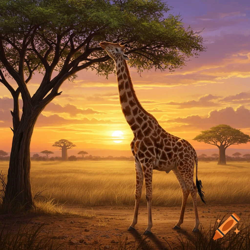 A tall giraffe stands under a tree in a golden savanna landscape at sunset.