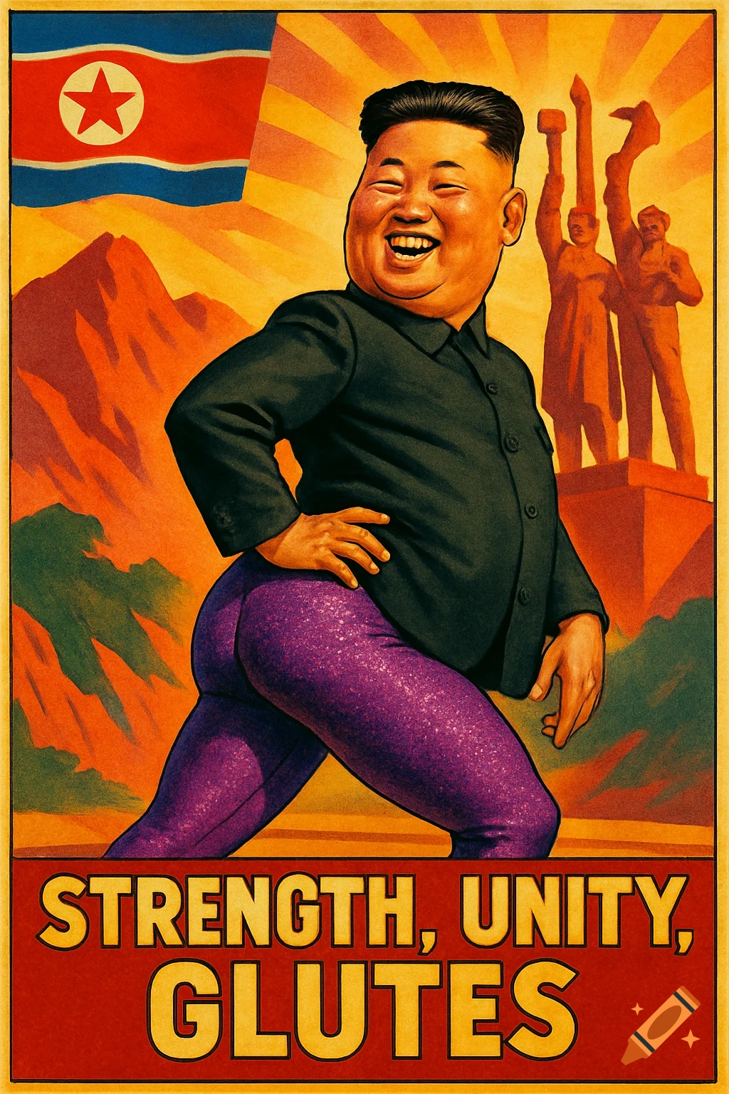 A satirical propaganda poster featuring a smiling Kim Jong Un in tight purple pants, flexing, with the North Korean flag and statues behind him, text reads 'Strength, Unity, Glutes'.