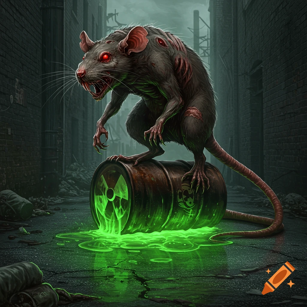 A large mutant rat with red eyes and glowing wounds stands on a leaky radioactive barrel in a dark, gritty alley.