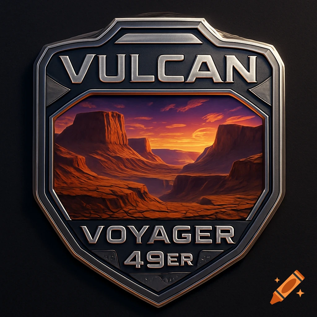 Metallic shield-shaped logo featuring a desert badlands landscape under a sunset sky, with 'VULCAN' at the top and 'VOYAGER 49ER' at the bottom.