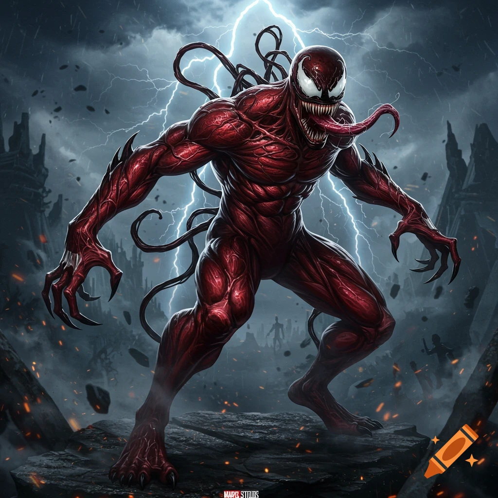 A fearsome red and black Carnage symbiote crouches on rubble against a stormy sky with lightning in a destroyed city, comic book style.
