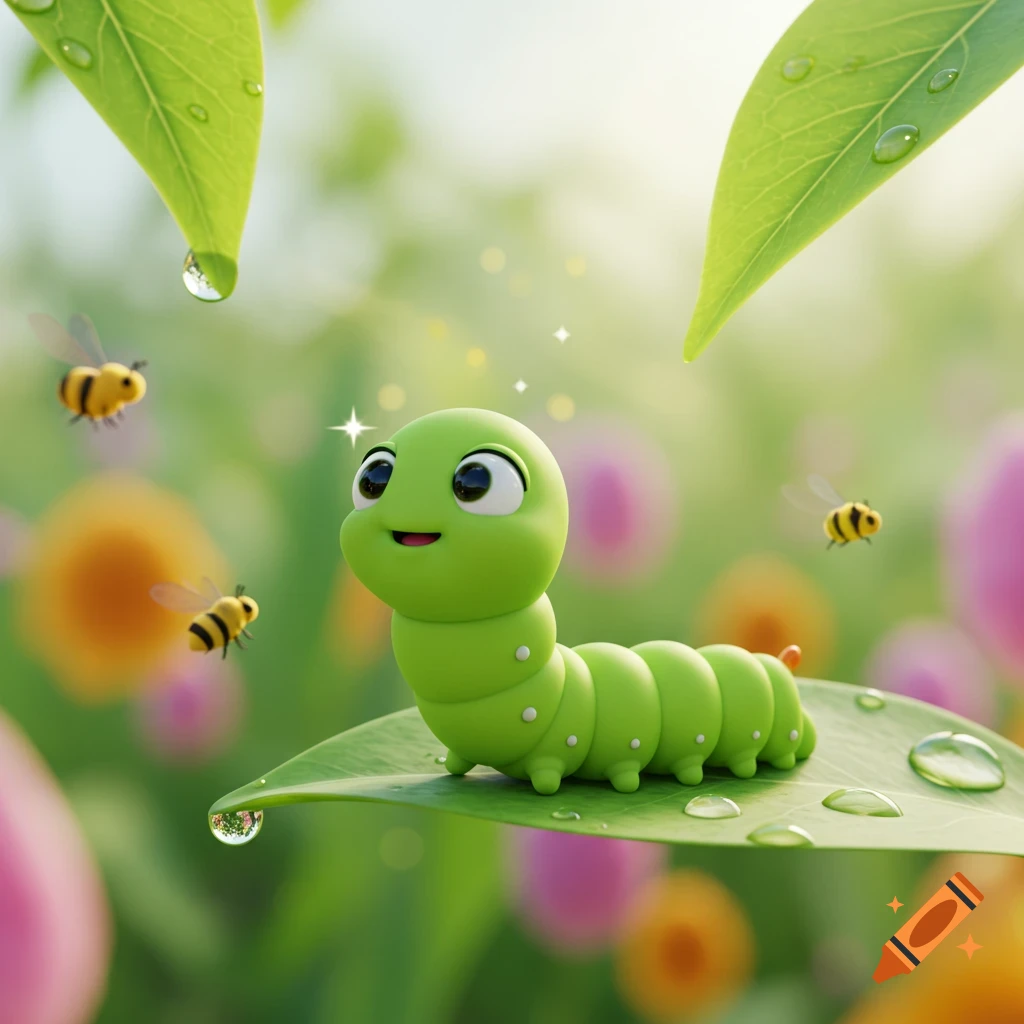 A cute green caterpillar with big eyes smiles on a dew-covered leaf, surrounded by flying bees and blurry colorful flowers.