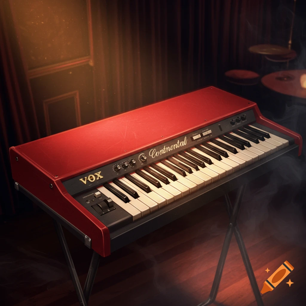 A red Vox Continental organ on a stand in a dimly lit room with smoke, photorealistic.