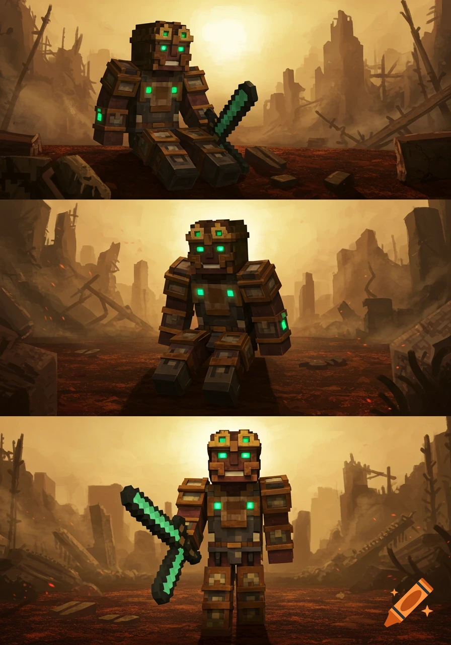 A Minecraft-style golem character with a sword in three poses, standing and sitting, within a ruined landscape under an orange sky.