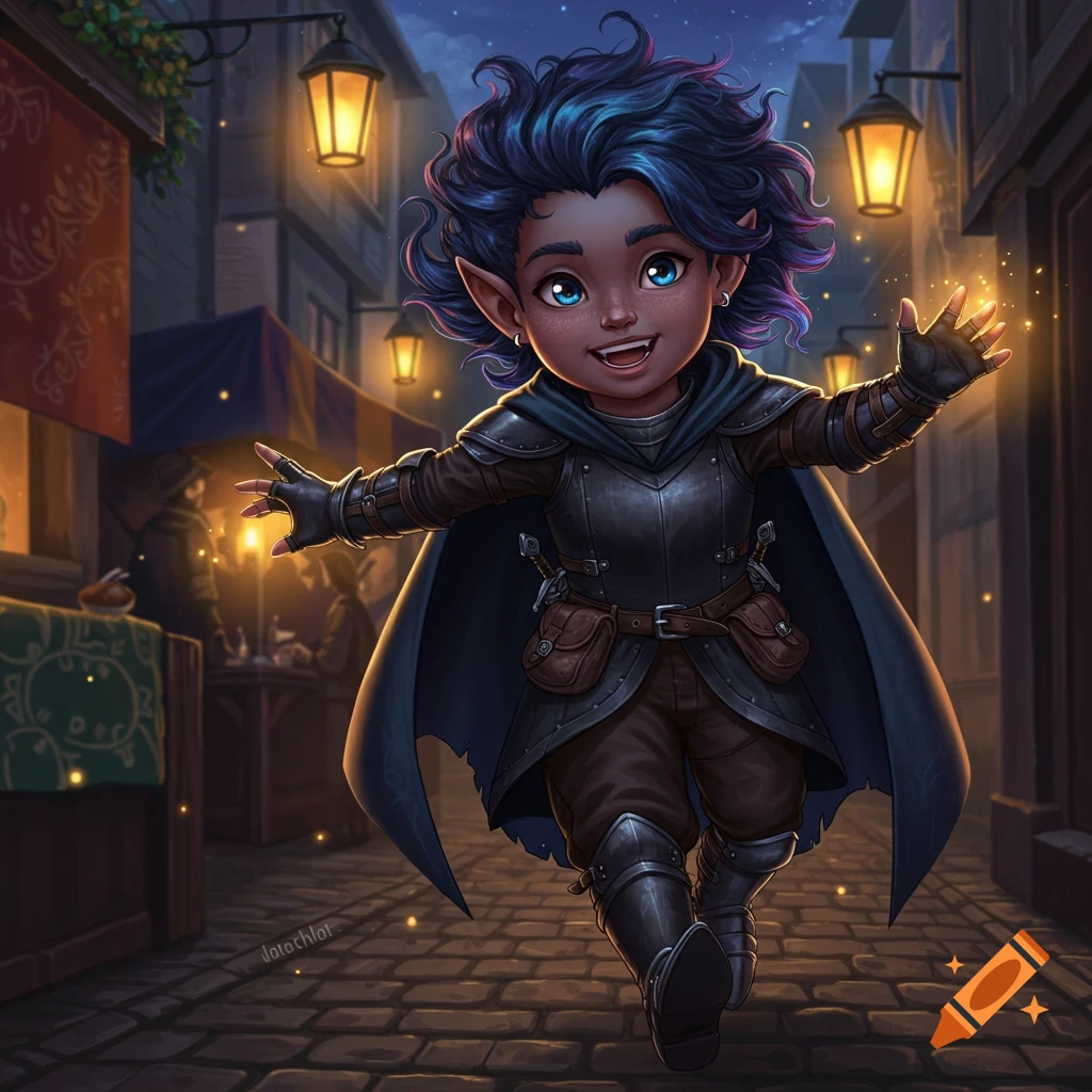 A cute halfling rogue with dark, wavy blue and purple hair, wearing black leather armor, running down a cobblestone street at night with glowing hands.