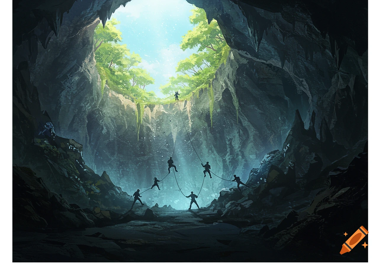 Digital art of explorers rappelling into a vast, deep cave, illuminated by a bright opening at the top with green trees.