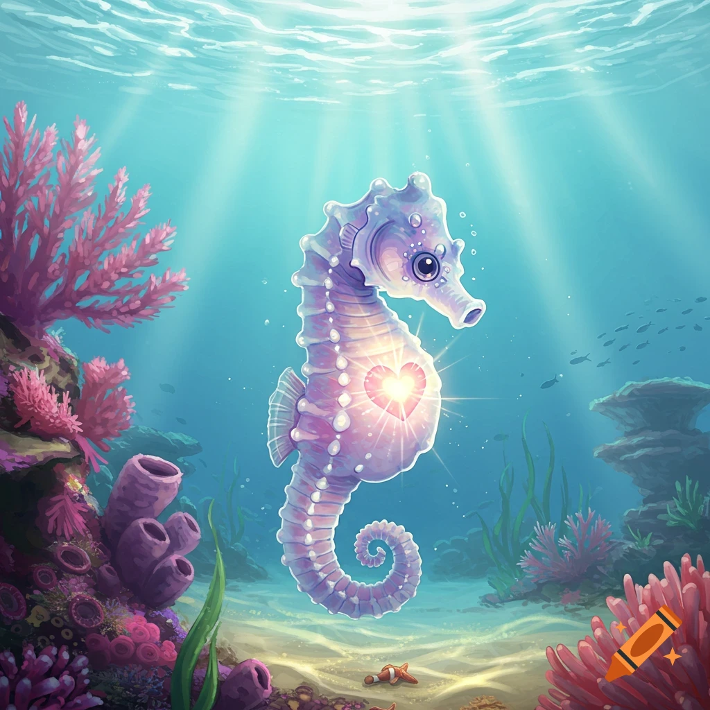 A cute, purple and pink seahorse with a glowing heart in its chest swims in a vibrant underwater coral reef.