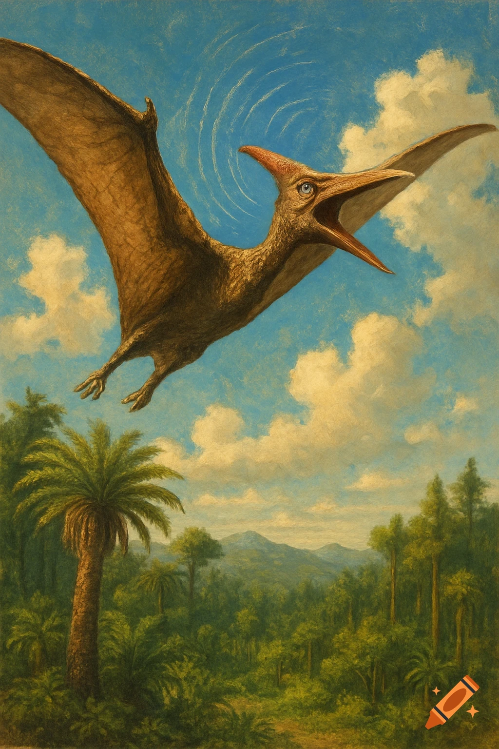 A brown pterodactyl with an open beak soars through a blue, cloudy sky above a lush green prehistoric jungle landscape.