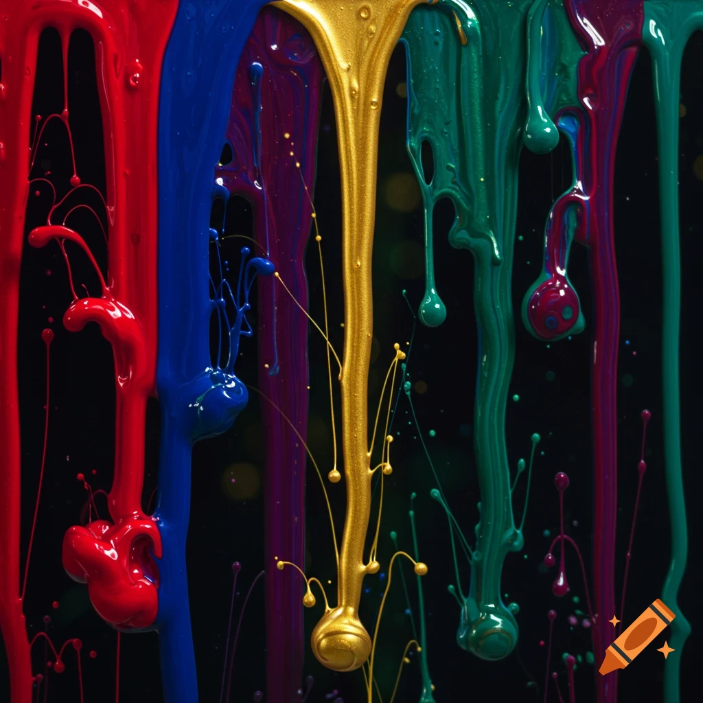 Vibrant streams of red, blue, purple, gold, and green paint drip down a dark background, creating splashes and droplets.