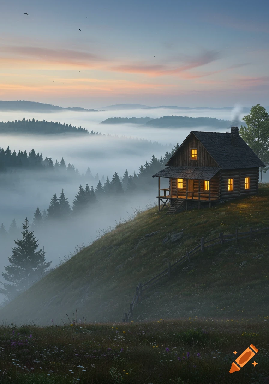 A log cabin on a grassy hill overlooking a valley filled with rolling fog and evergreen trees at sunrise.