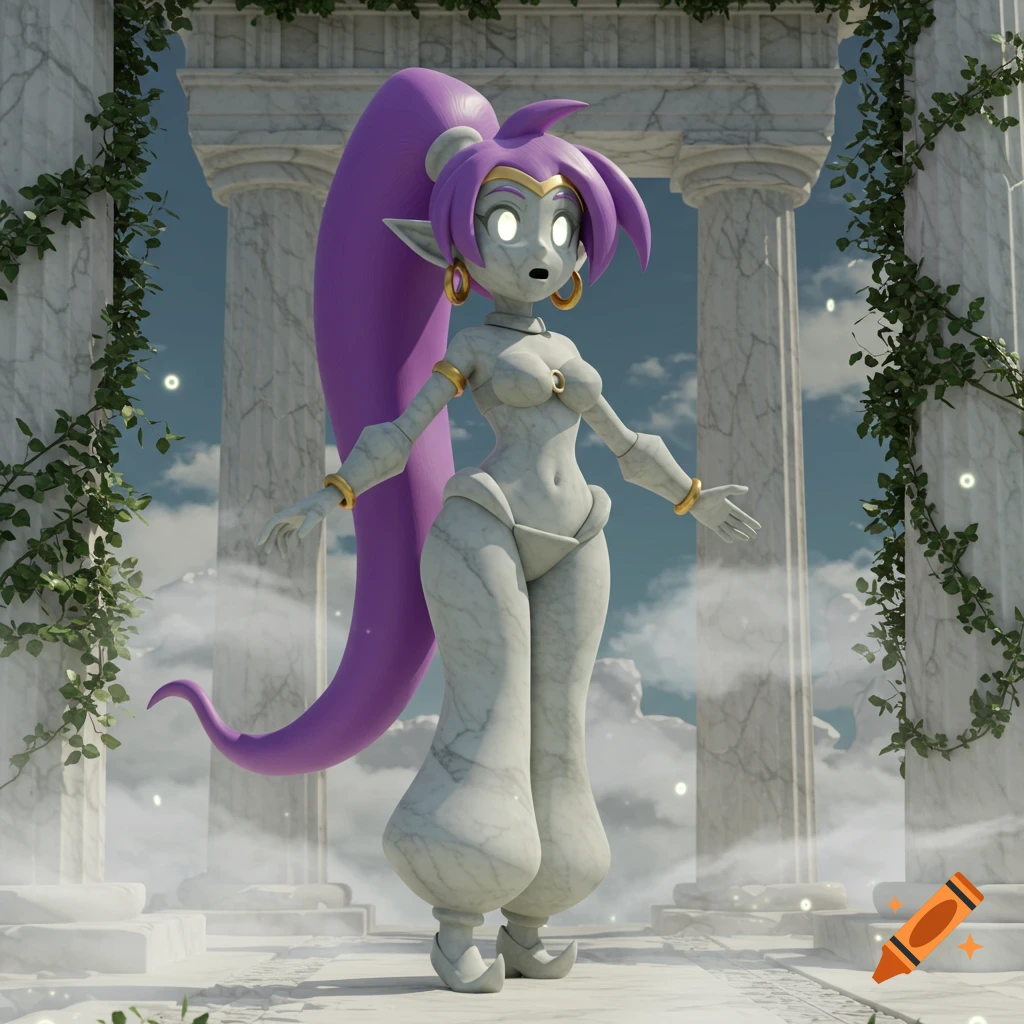 A 3D render of Shantae as a white marble statue, standing shocked amidst classical columns and clouds.