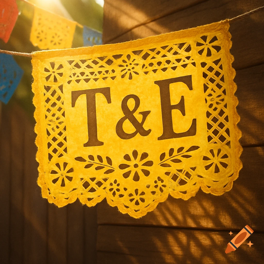 A vibrant yellow papel picado banner with T & E letters in the center, strung against a wooden background in golden sunlight.
