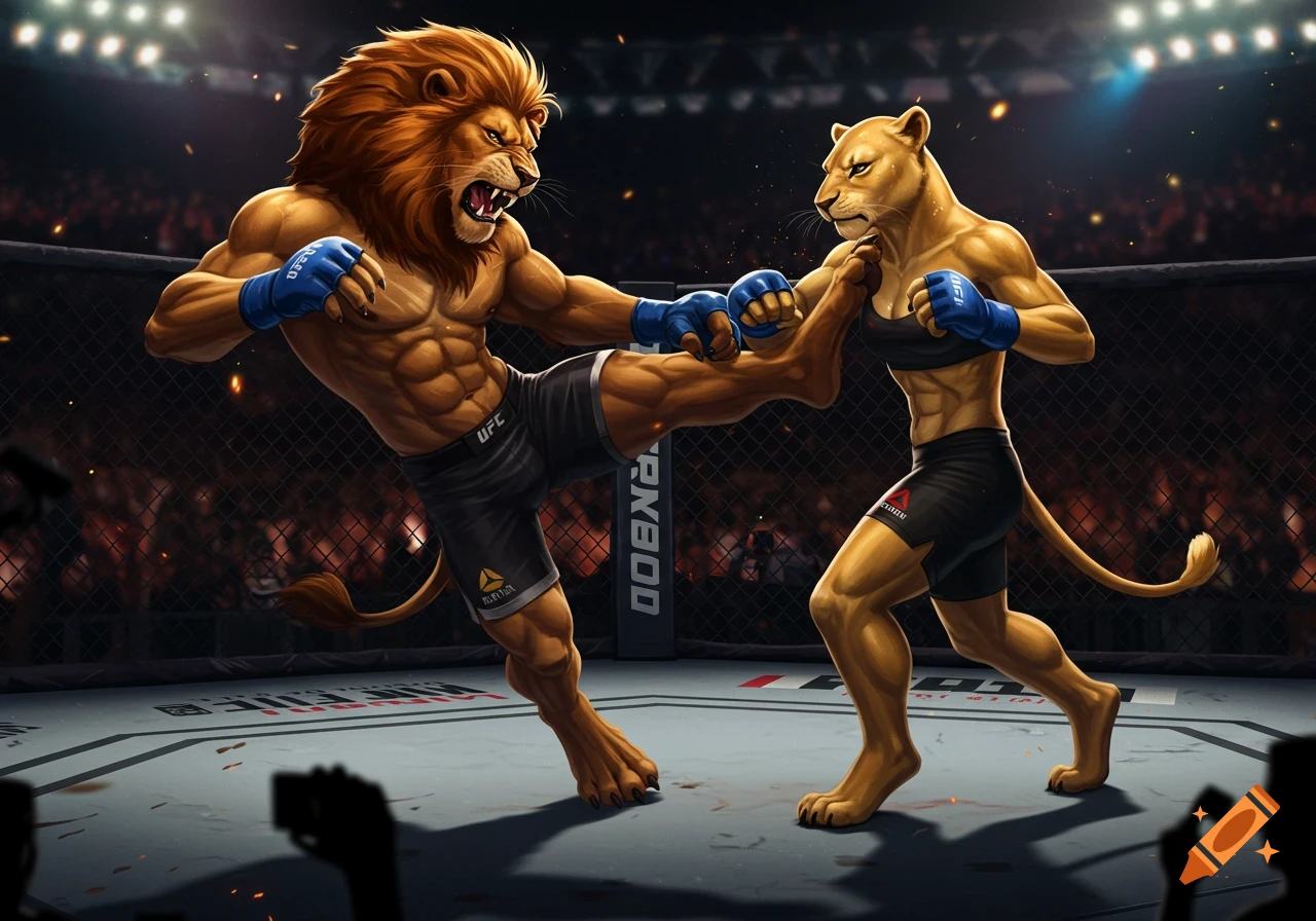 An anthropomorphic lion and lioness fighting in an MMA cage, depicting a dynamic kick in a detailed, illustrative style.