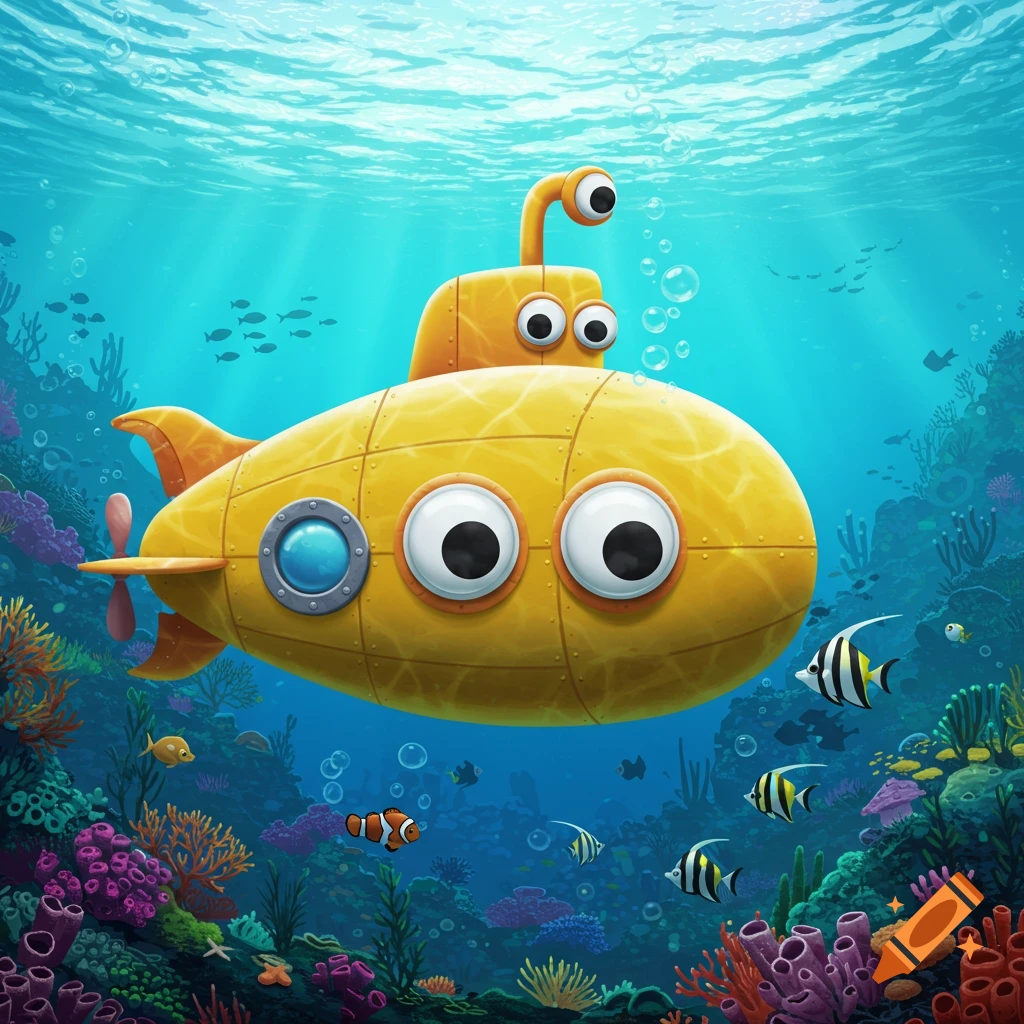 A whimsical yellow cartoon submarine with large googly eyes floats underwater among colorful coral and various tropical fish.