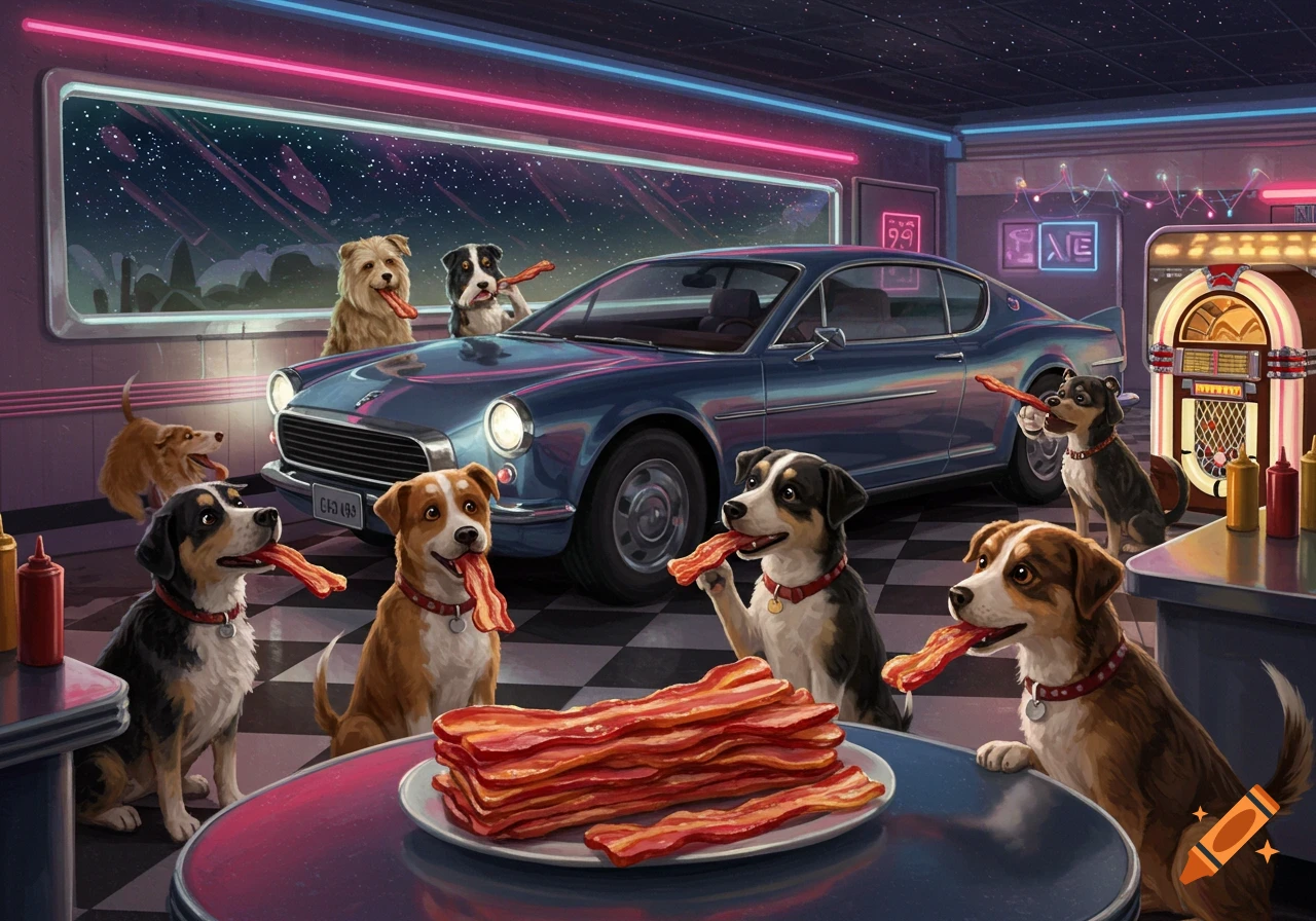 Dogs happily eating bacon in a retro 1950s-style diner with neon lights and a vintage car, illustrated in a vibrant, stylized manner.