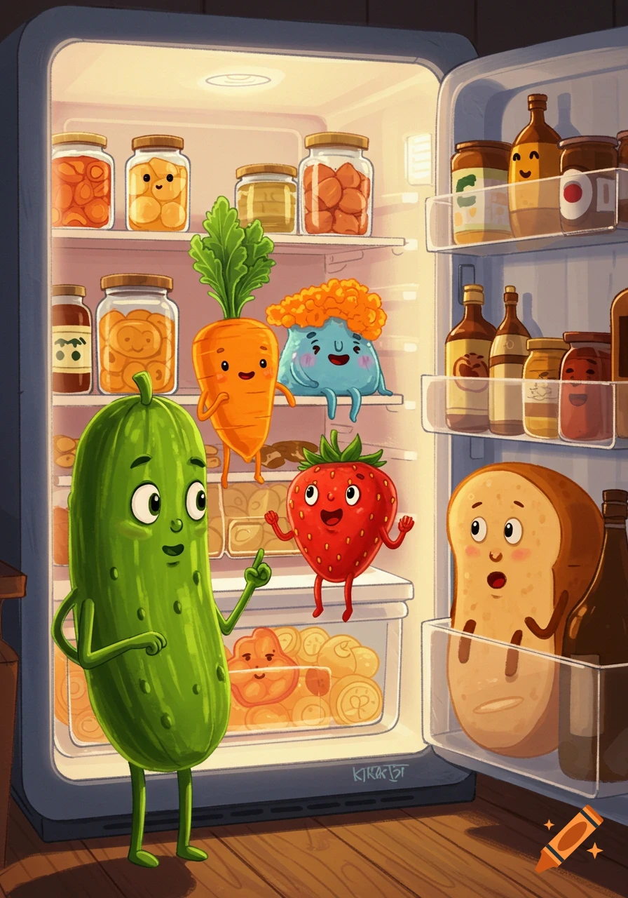 A cartoon pickle talks to other anthropomorphic food items like a carrot, strawberry, and bread inside a brightly lit refrigerator.