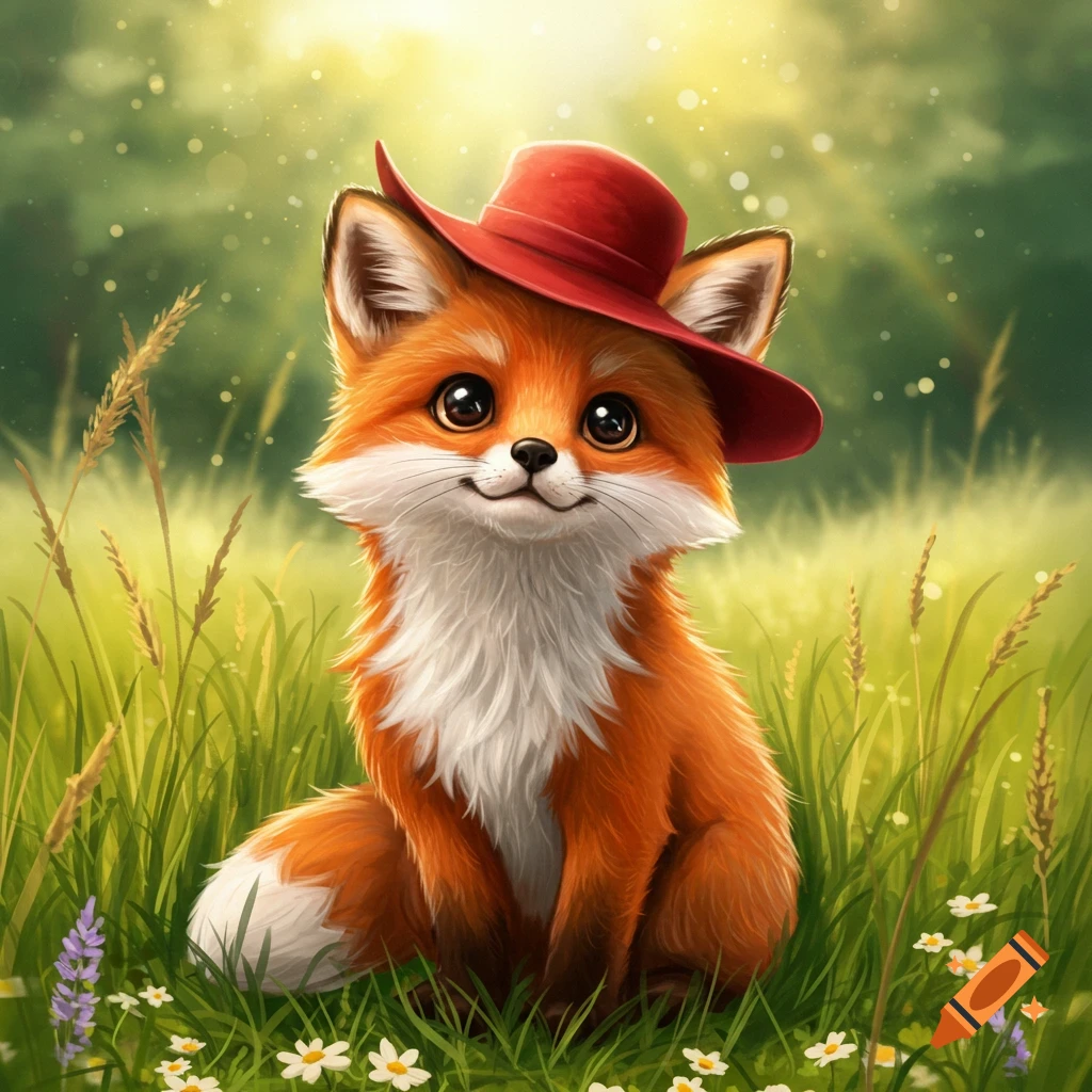 A cute, cartoon-style fox with a red hat sits smiling in a sunny, green grassy field with small white and purple flowers.