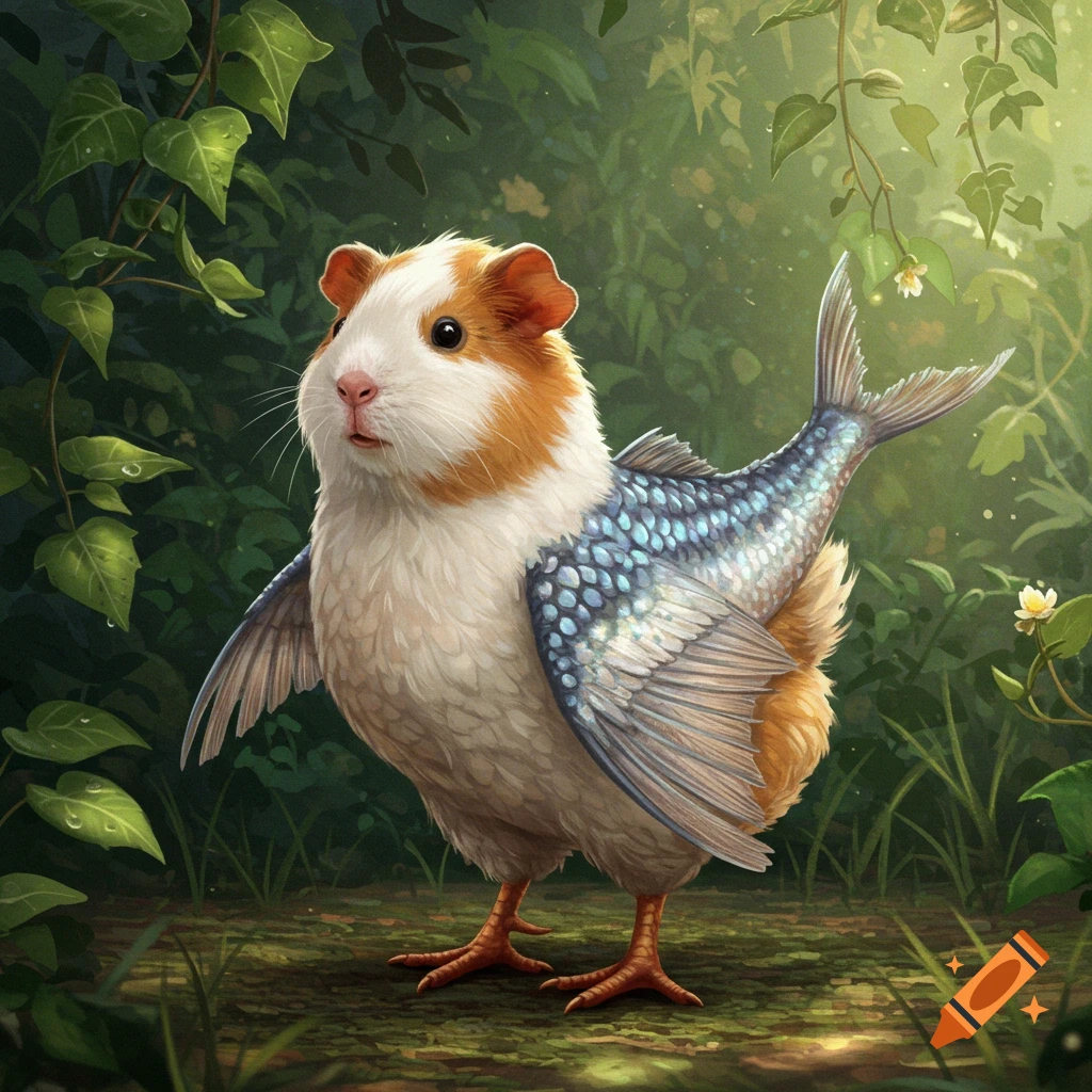 A whimsical creature with a guinea pig head, chicken body and legs, and a fish tail with scales, stands in a lush green forest.