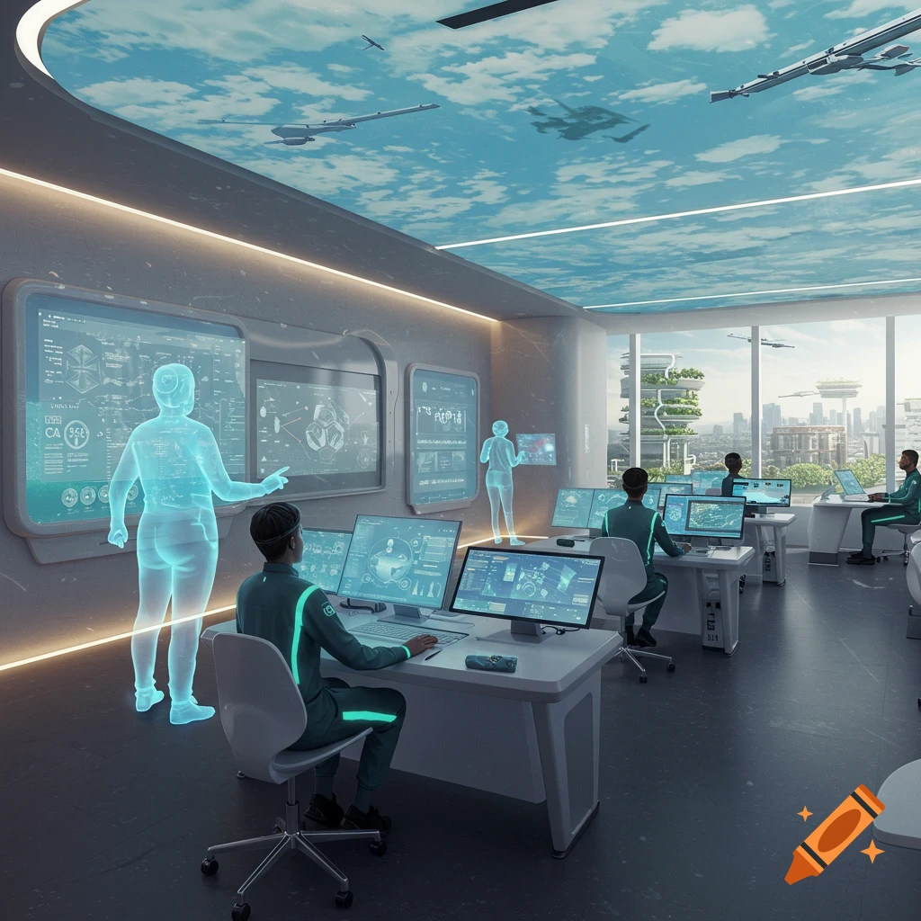 A futuristic classroom where people in teal jumpsuits work at computers with holographic displays, under a cloud-patterned ceiling.