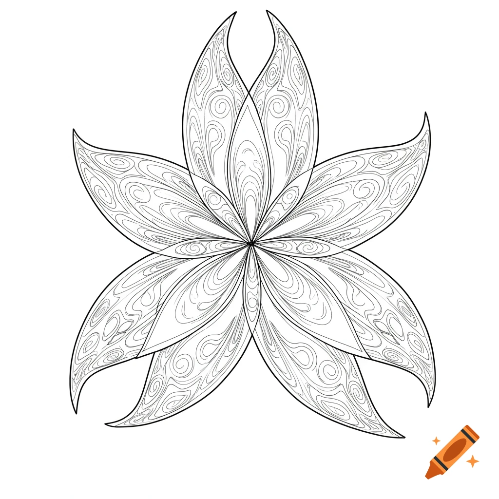 A black and white line drawing of an abstract flower with five large petals featuring swirling patterns, designed for coloring.
