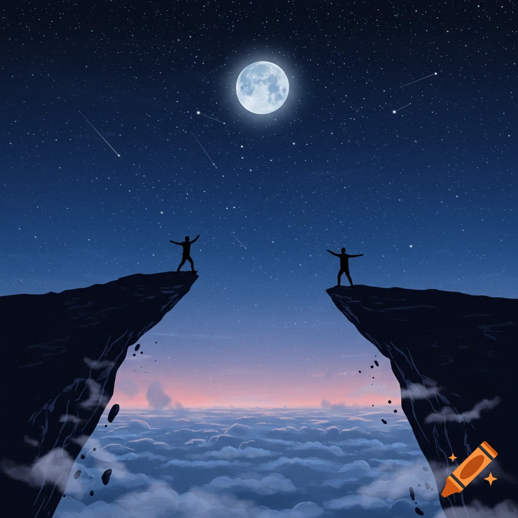 Two silhouetted figures stand on cliff edges under a full moon and starry night, with clouds below.