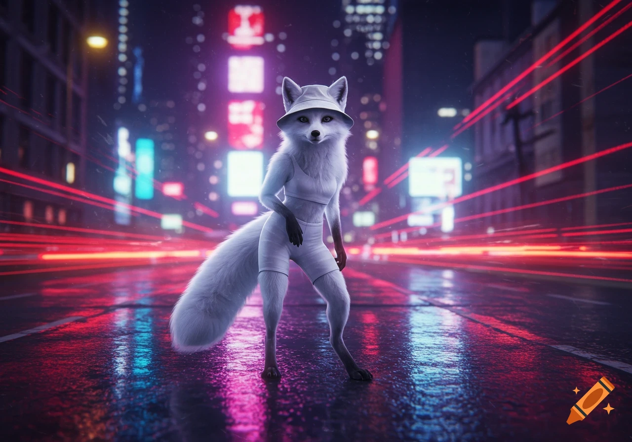 White anthropomorphic fox in a bucket hat and shorts stands on a wet neon city street at night with red light trails.