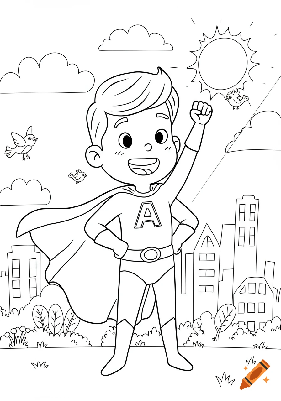Line art coloring page of a happy boy superhero with an 'A' on his chest, standing in front of a city skyline under a sun.