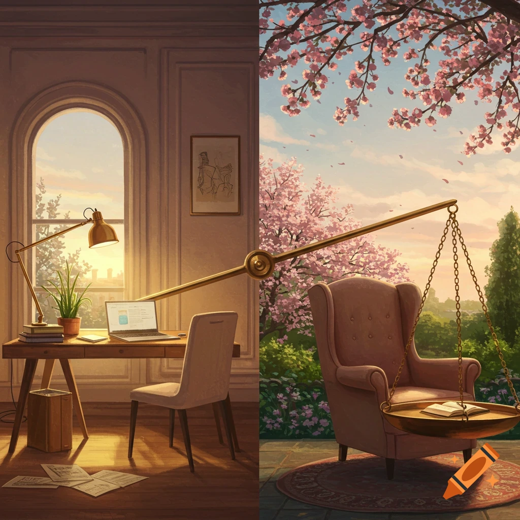 An illustration showing a desk with a laptop and lamp on the left, and a comfortable armchair under cherry blossoms on the right, connected by a golden scale, symbolizing work-life balance.