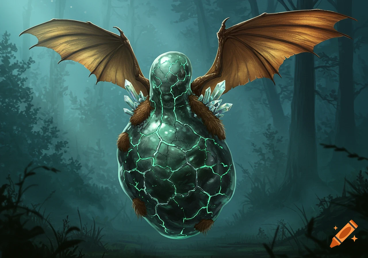An illustrative dark green, cracked blob with glowing veins, brown fur, large wings, and crystals in a misty forest.
