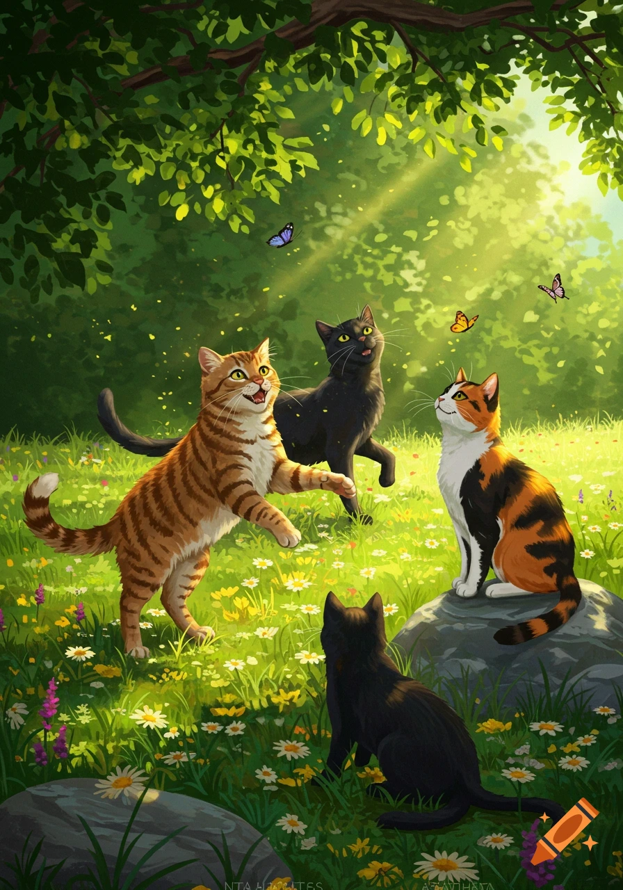 Four cats playing in a sunlit meadow filled with colorful flowers and butterflies, in an illustrative style.