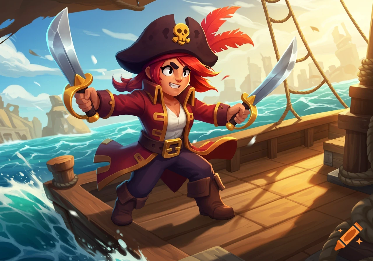 A cartoon pirate with red hair and a red coat stands on a ship, holding two swords, against a blue sea background.