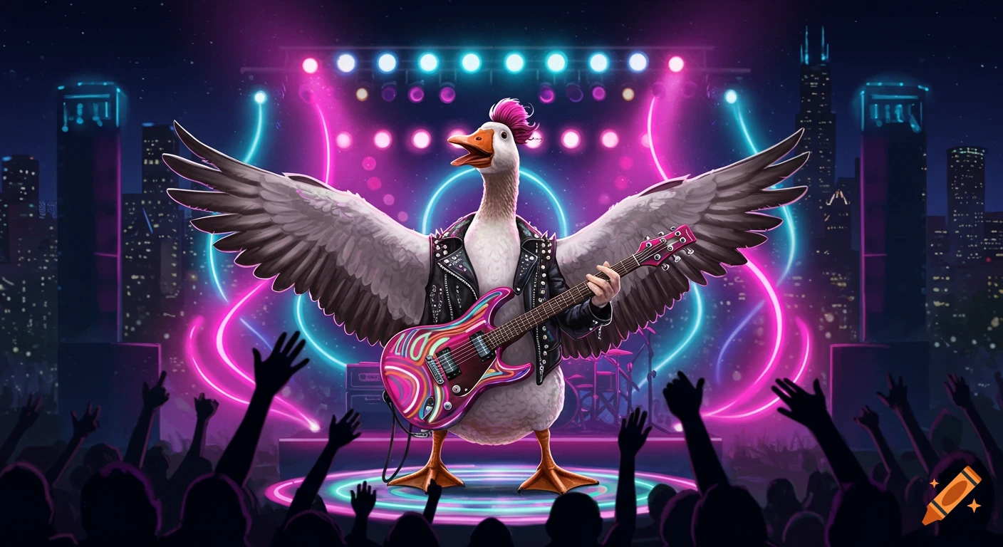 A rock star goose in a leather jacket and pink mohawk plays an electric guitar on stage with a neon city skyline and cheering crowd.