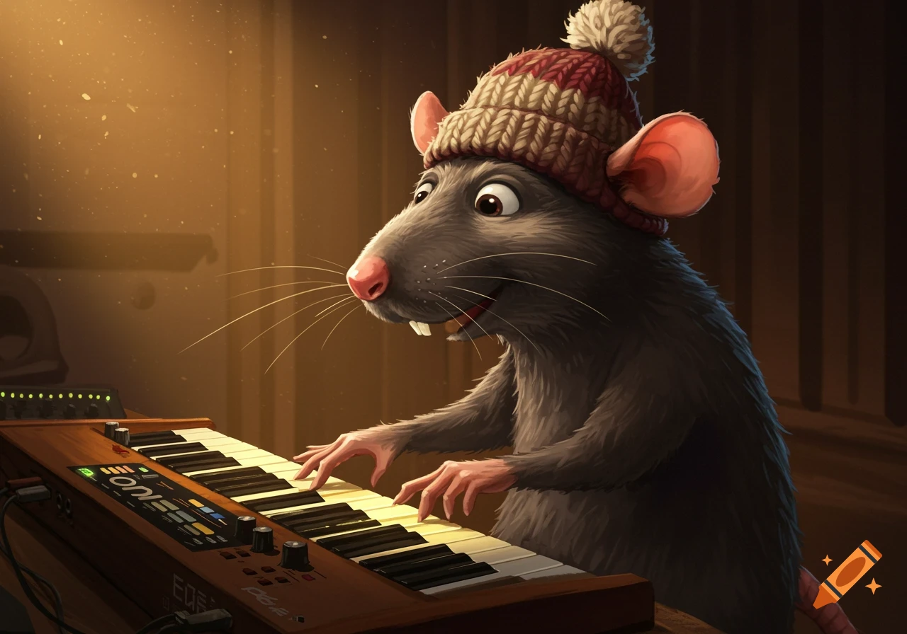 A cartoon rat wearing a red and white knitted hat plays a synthesizer in a warm, dusty room.
