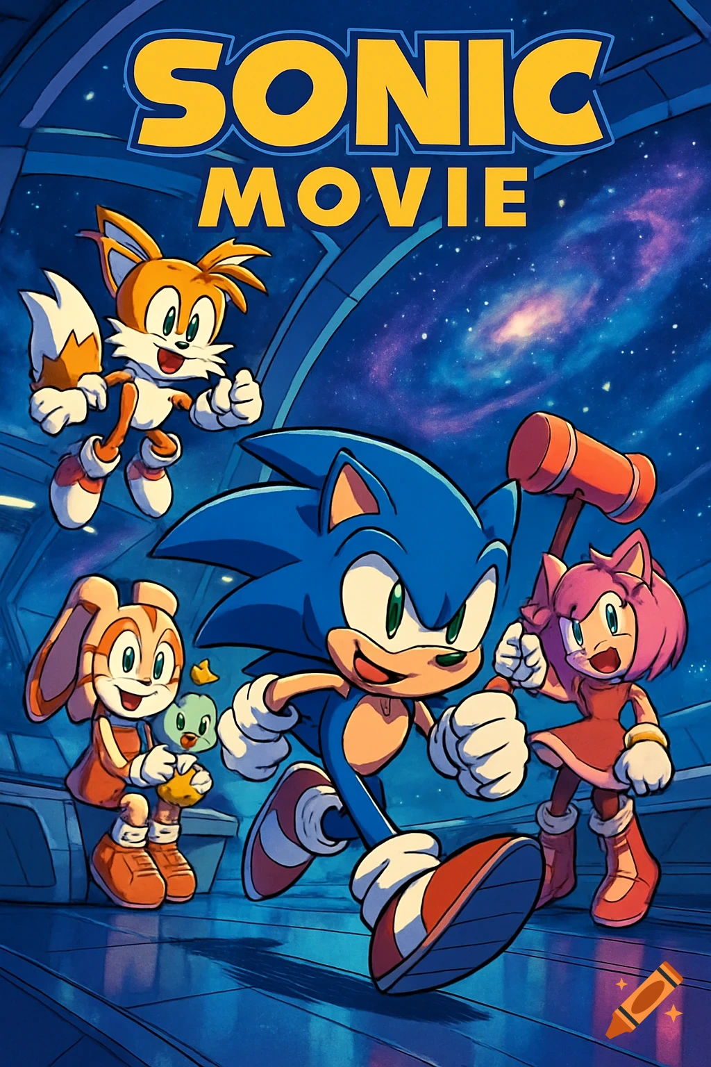A cartoon poster featuring Sonic, Tails, Cream, Amy, and a Chao on a starship with a galaxy in the background. Text reads "SONIC MOVIE."