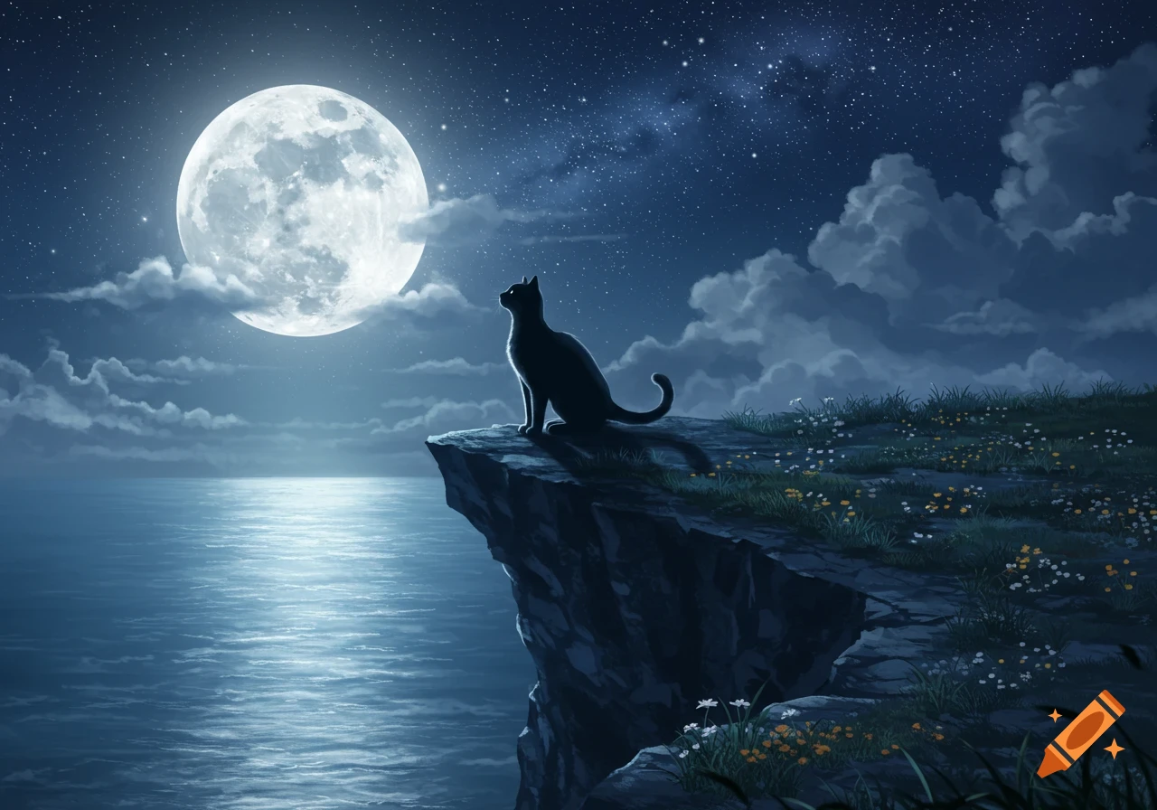 A silhouette of a black cat sitting on a cliff overlooking the ocean under a large full moon and starry night sky, digital art.