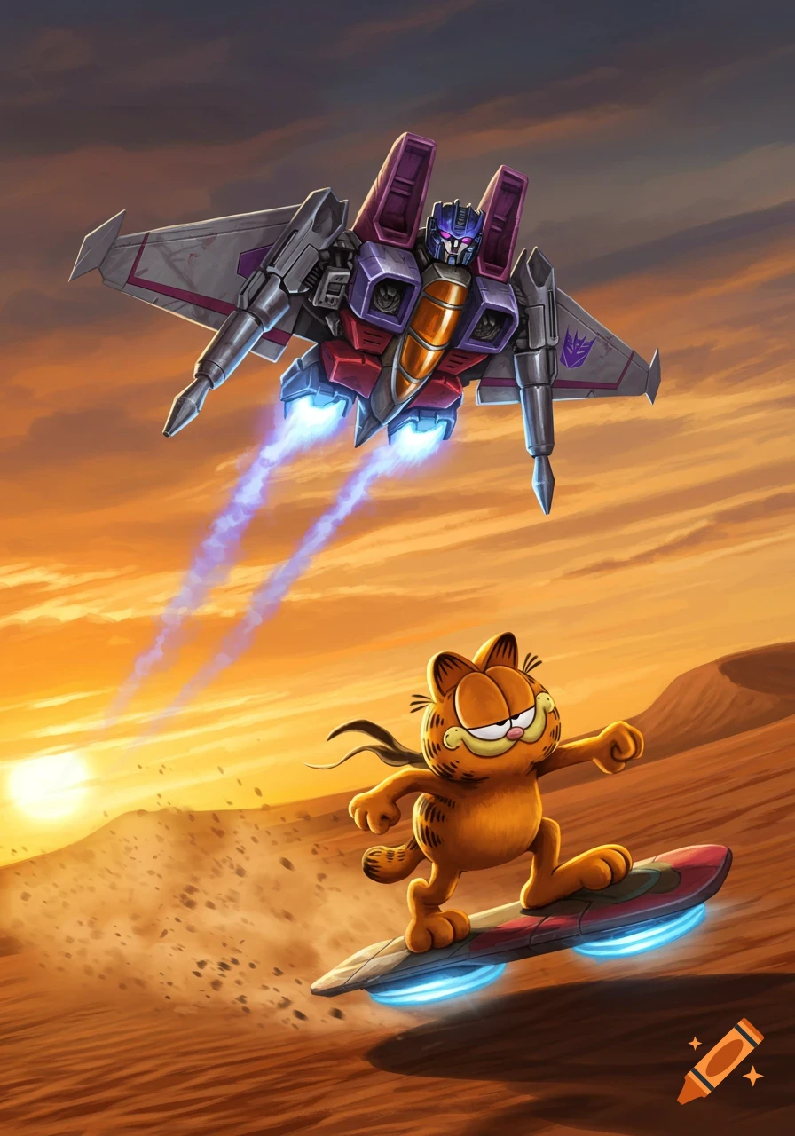 Garfield the cat sand-surfing on a hoverboard in a desert at sunset, with Starscream the Transformer jet flying above him.