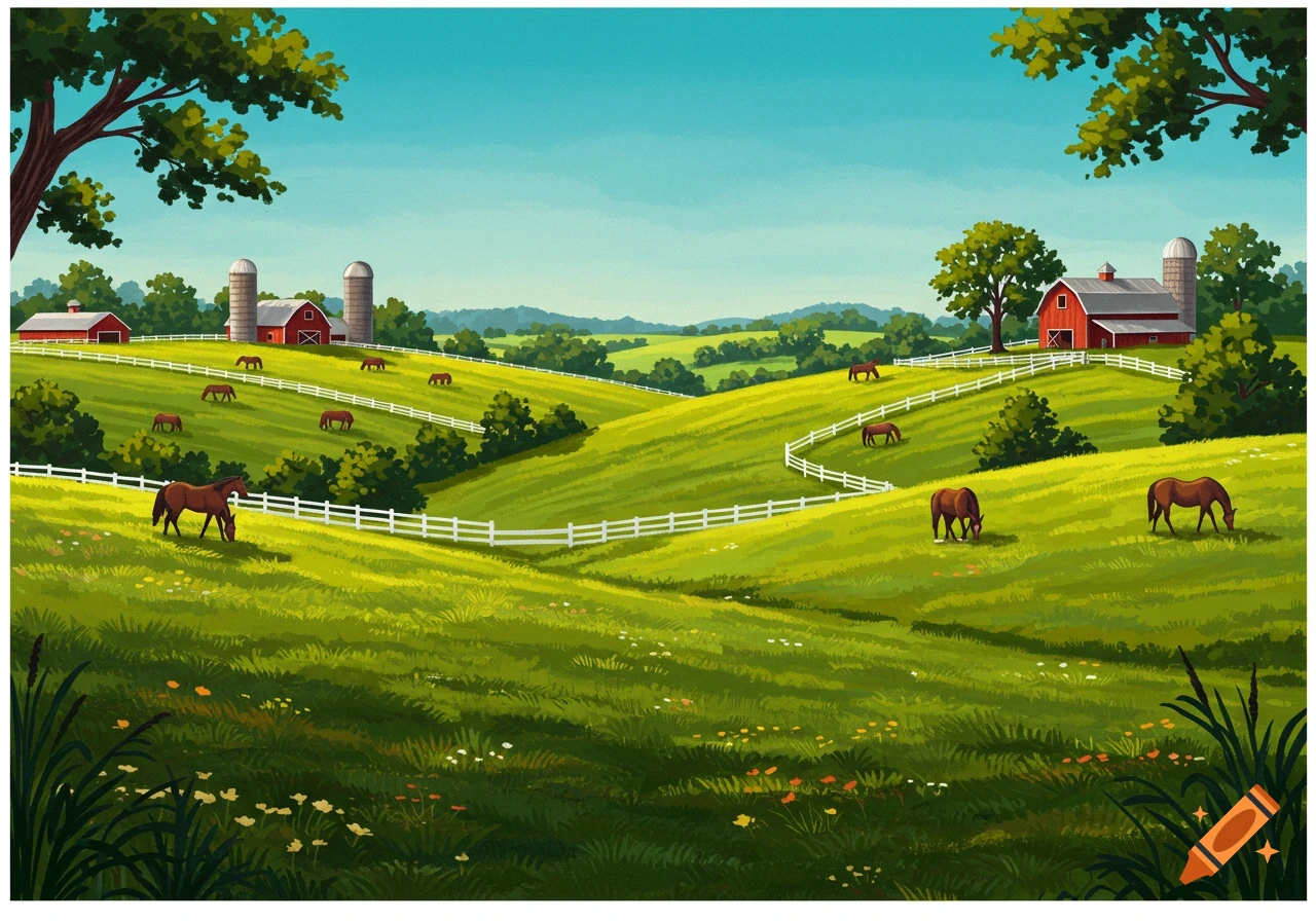 Vibrant illustration of a rolling green countryside with horses, white fences, red barns, and silos.