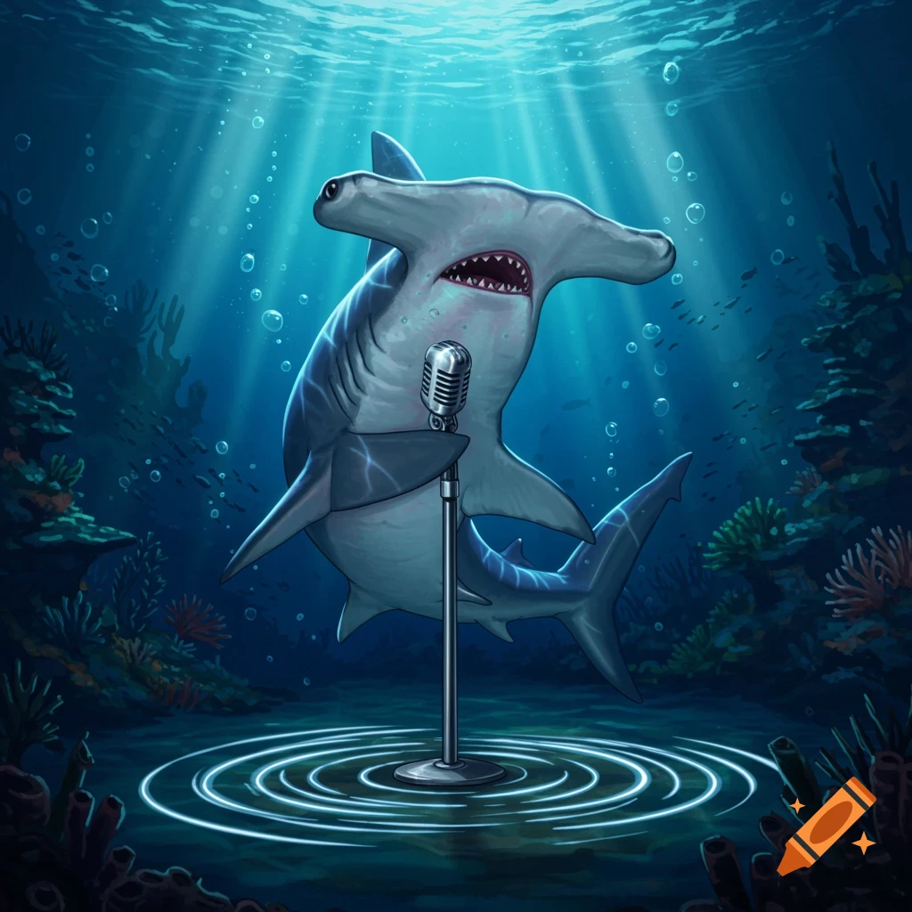 A cartoon hammerhead shark sings into a vintage microphone underwater with light rays and coral.