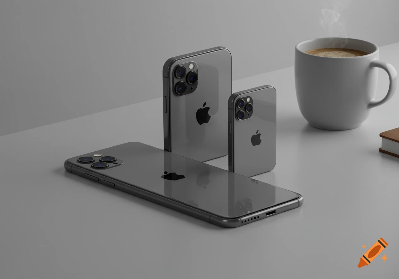 Photorealistic rendering of three dark grey iPhones, two standing upright and one lying flat, on a minimalist desk with a steaming coffee cup and a book.