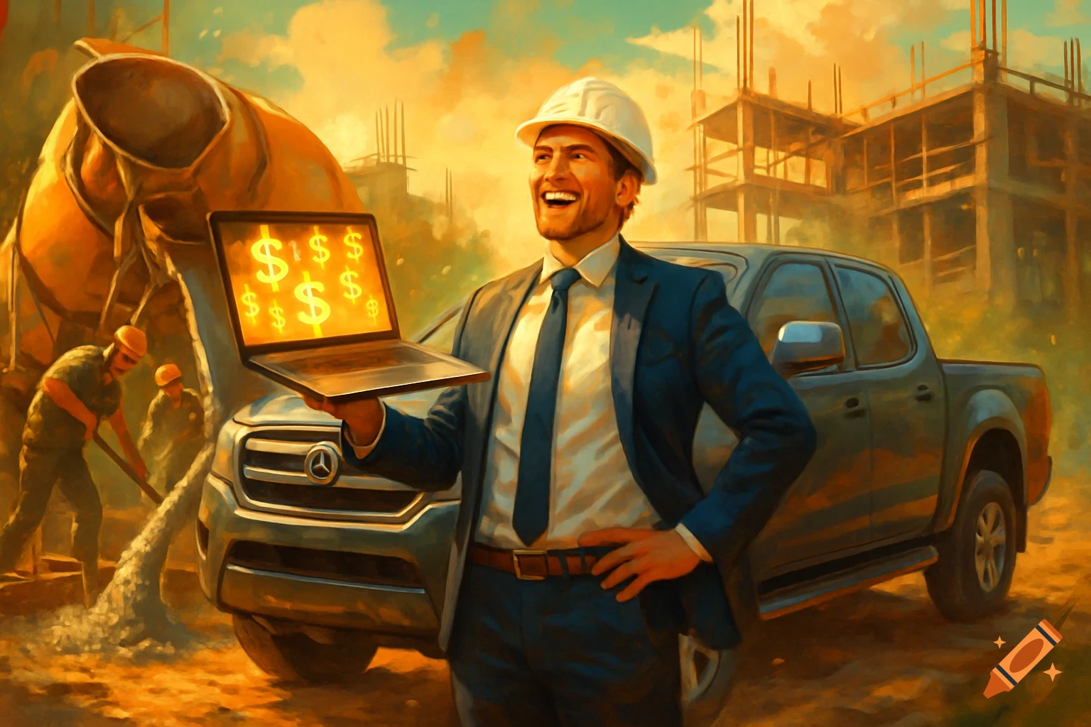 Happy project manager in suit and hard hat holds a laptop with dollar signs, beside a pickup truck at a construction site.