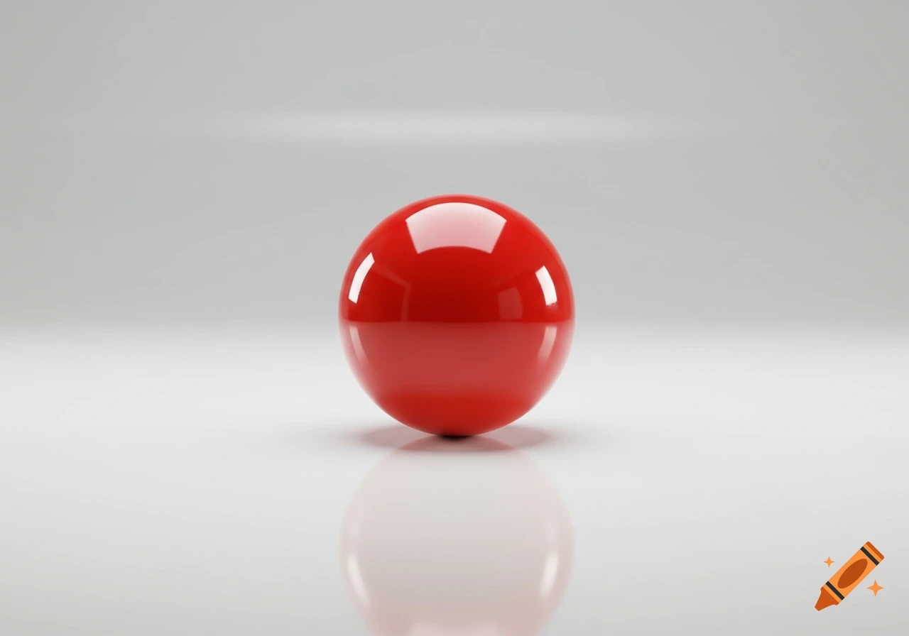 A glossy red ball sits centered on a reflective white surface, with a soft grey background.